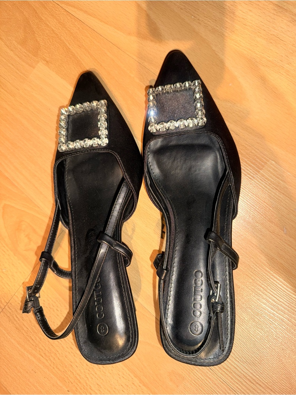 Black Embellished Pointed Slingback Kitten Heels